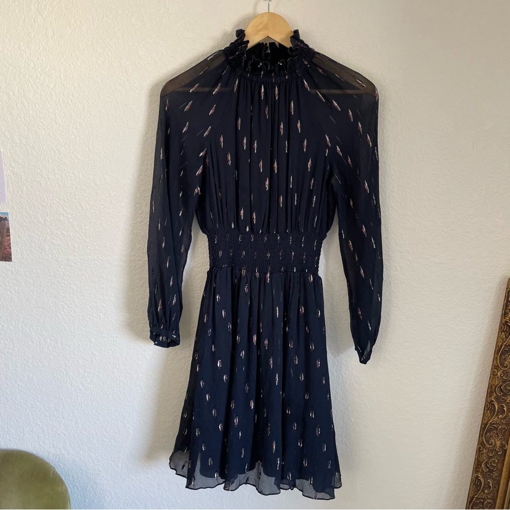 Rebecca Taylor Mock Neck Long Sleeve Silk Chiffon Mini Dress Navy & Metallic